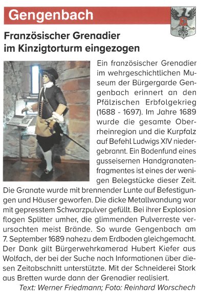 Bürgergarde Gengenbach - Auszug aus Bürger im Bunten Rock 03/2020 - Grenadier im Kinzigtorturm